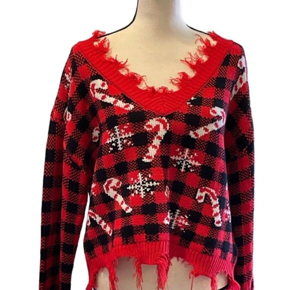 Derek Heart Distressed Cropped V Neck Sweater Junior Size L Plaid Candy Cane - Picture 2 of 16